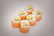 Avocado maki rolled in smoked salmon